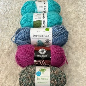4 Acrylic Yarn & 1 Polyester of Loops & Threads- Cedar, Fuchsia, Navy 2Sea Green